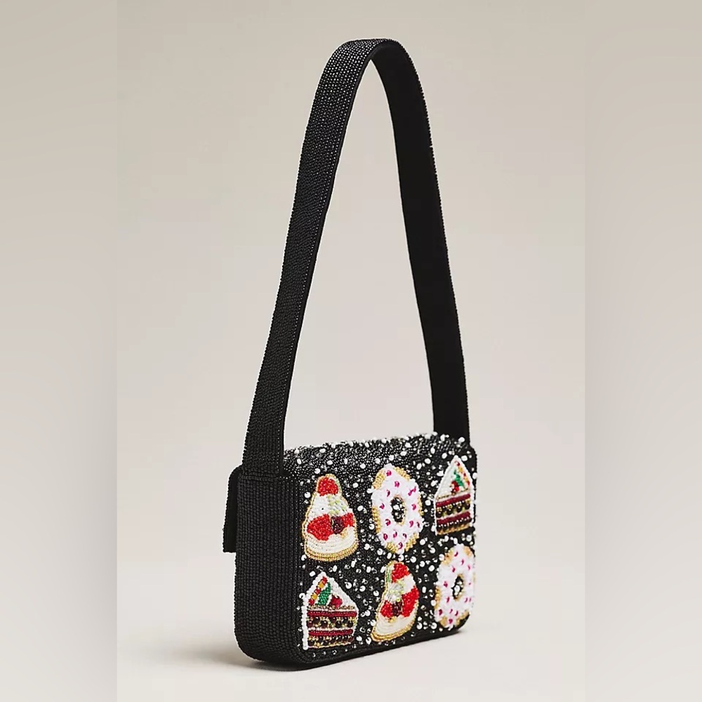 NWT new Anthropologie Fiona beaded shoulder bag holiday desserts black winter - Picture 7 of 17